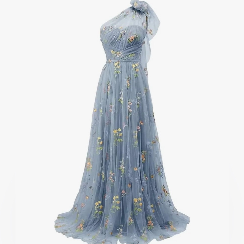 One Shoulder Tulle Blue Dress